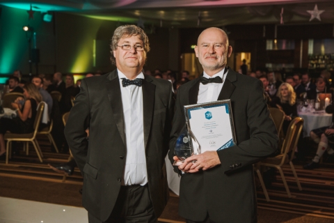 Chris Todd of Allied Glass poses with British Glass CEO Dave Dalton after picking up the Company of the Year prize