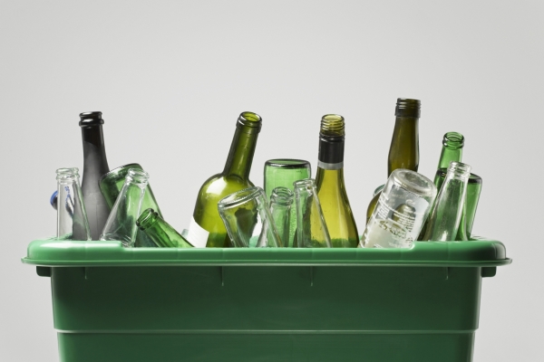 Glass bottles and jars ready for a recycling collection
