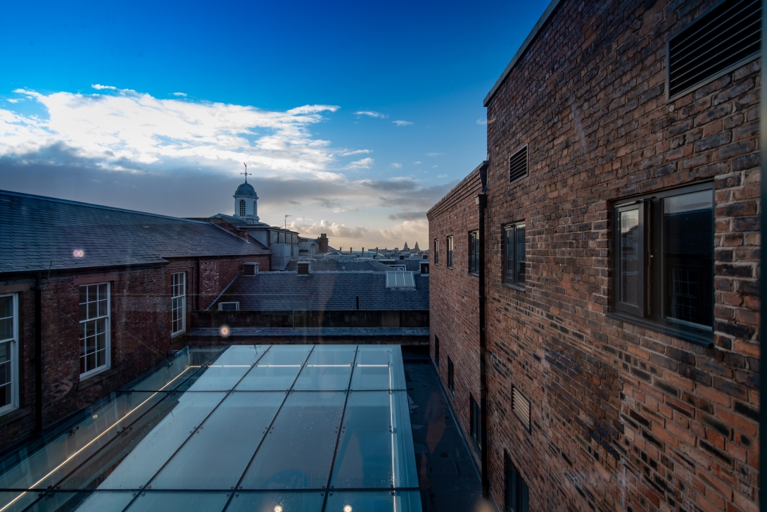 An aerial view of the now enclosed courtyard at the Liverpool Institute for Performing Arts